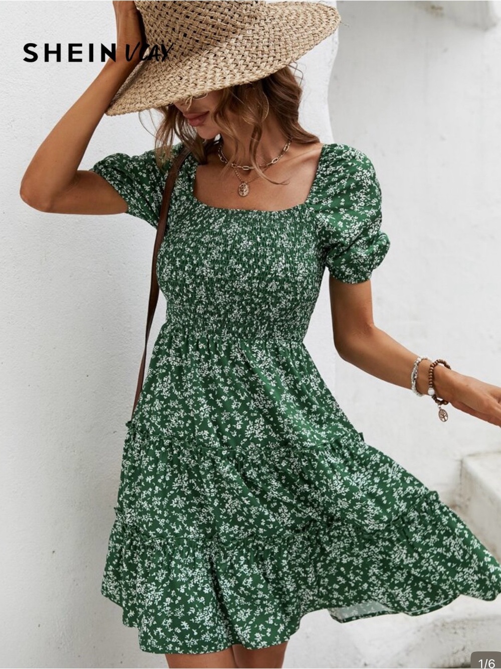 SHEIN Green Floral Smocked Square-Neck Mini Dress